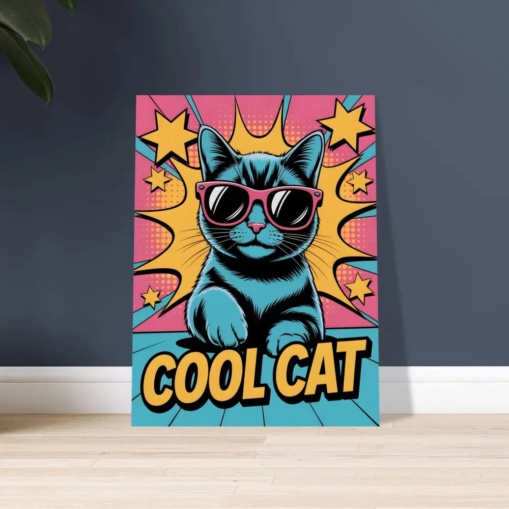 PixiOnyx Metallic Meow style blue cat canvas print with pink sunglasses on brushed aluminum with sleek finish
