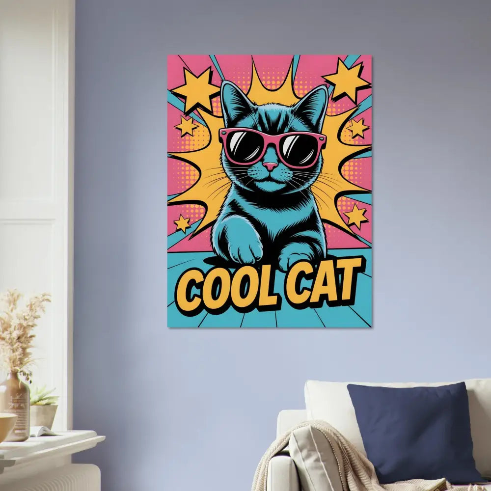 Pop art Cool Cat canvas print on PixiOnyx Metallic Meow brushed aluminum with sleek finish