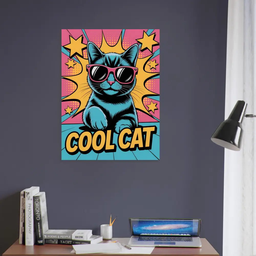 Pop art style cat canvas print on PixiOnyx Metallic Meow with brushed aluminum sleek finish
