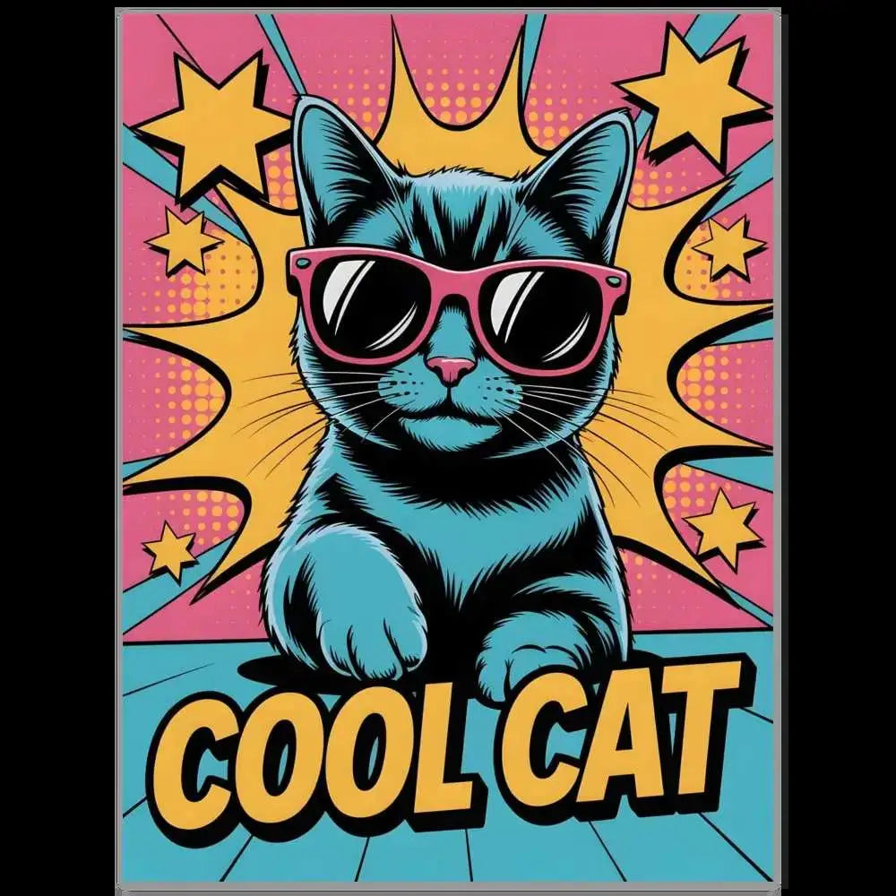 Vibrant blue cat with pink sunglasses in comic pop art style on PixiOnyx Metallic Meow aluminum print