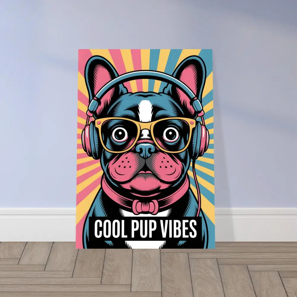 Pop art Boston Terrier canvas print with headphones and glasses in cool pup vibes style