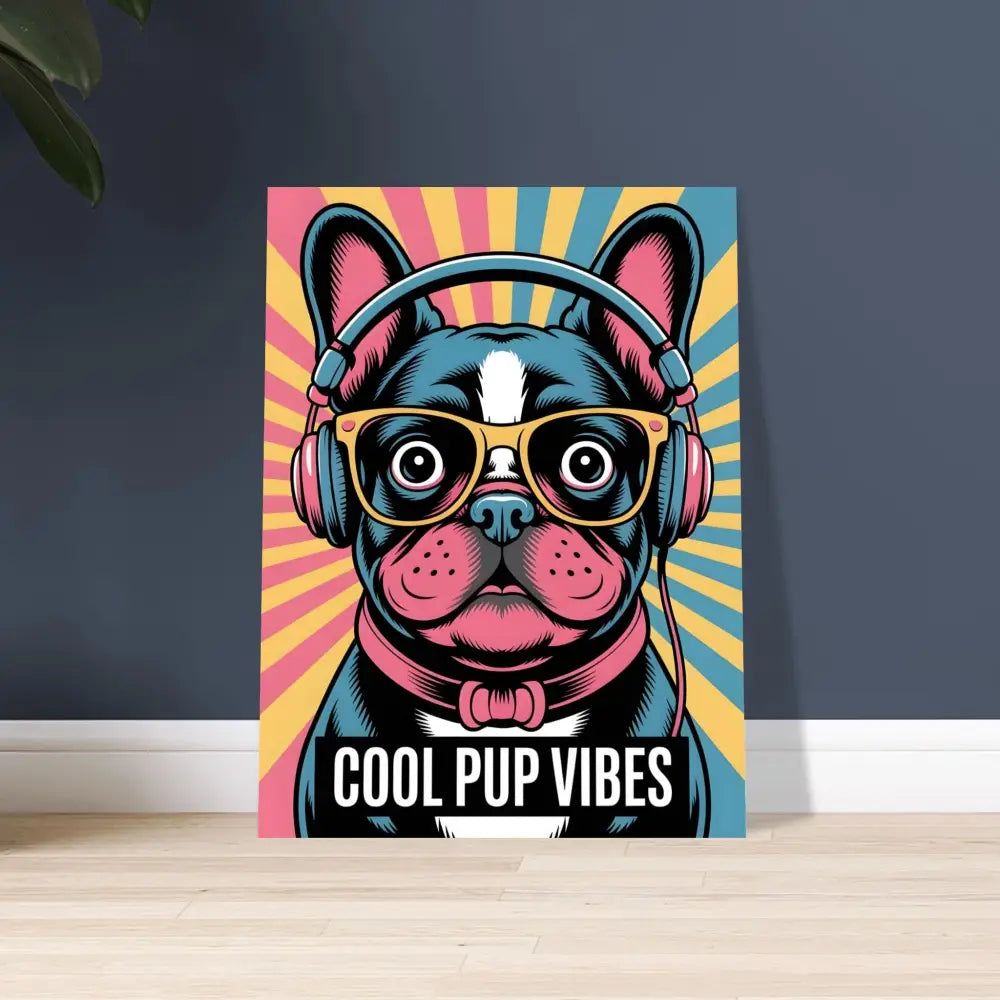 Colorful pop art aluminum print of a French Bulldog with headphones and glasses for cool pup vibes