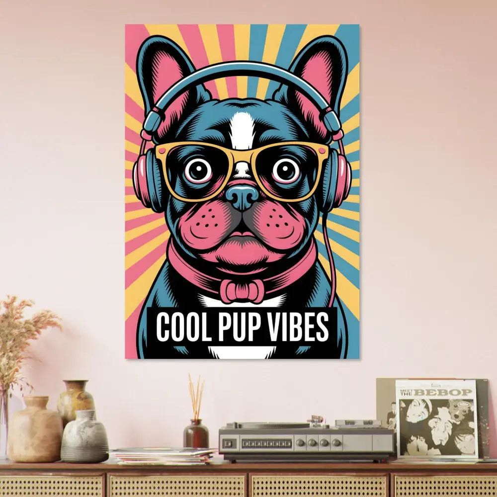 Pop art style aluminum print of a French Bulldog with headphones and glasses showcasing cool pup vibes
