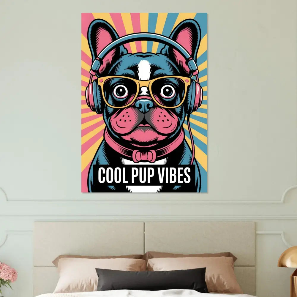 Pop art French Bulldog poster with headphones and glasses in vivid UV colors for cool pup vibes