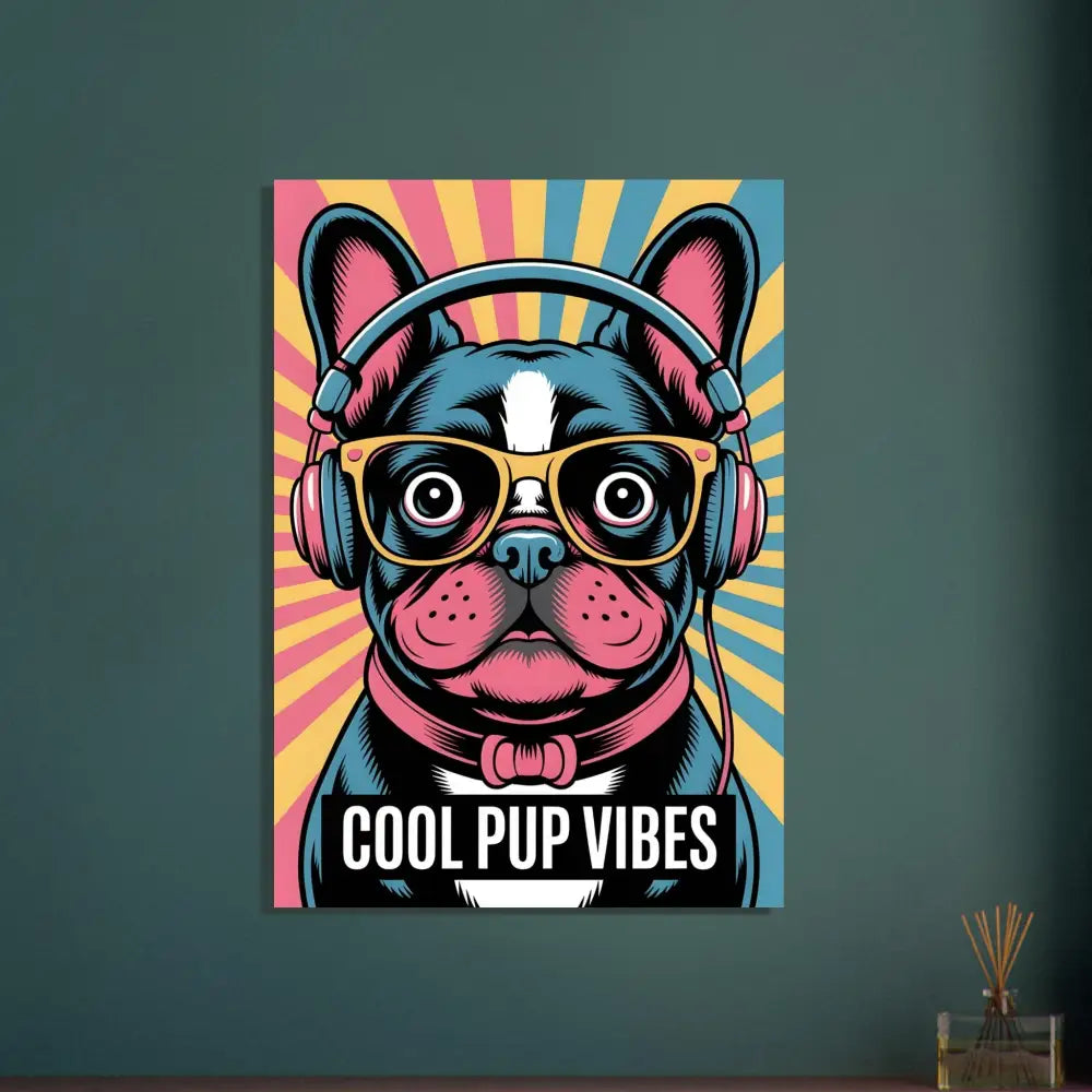 Pop art style aluminum print of a French Bulldog with headphones and glasses, vivid UV colors, cool pup vibes
