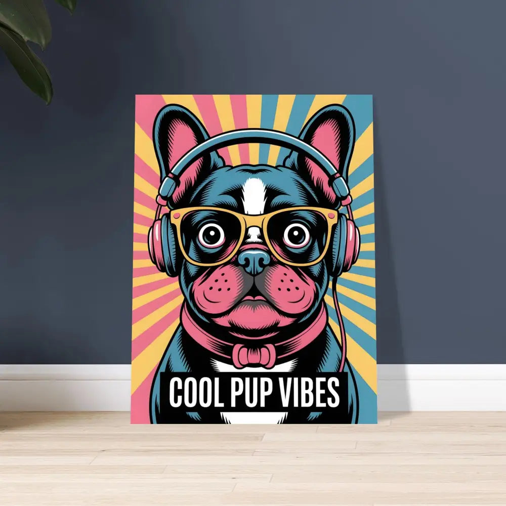 Vibrant French Bulldog with headphones and glasses on metal meets mutt PixiOnyx print