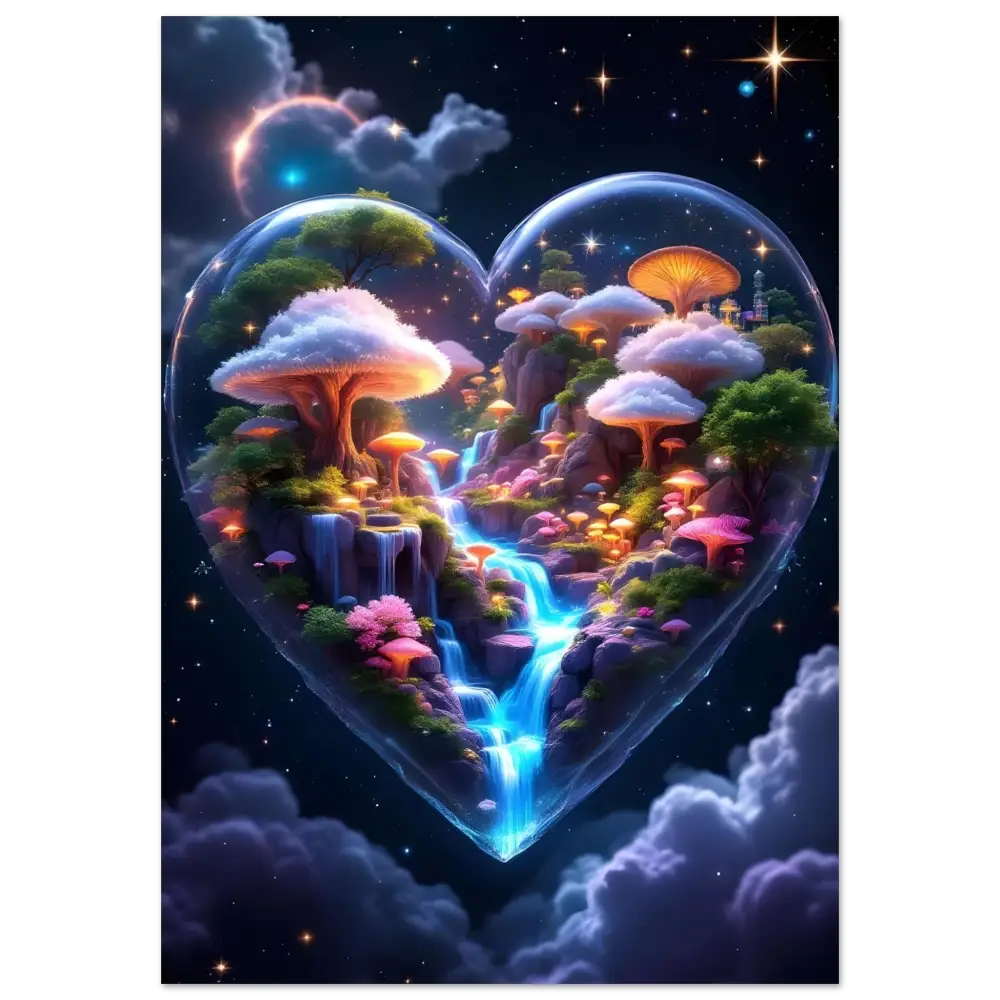 Heart-shaped terrarium with glowing mushrooms and waterfall for Aluminum Print Cosmic Heart PixiOnyx Apex Lightcore Edition