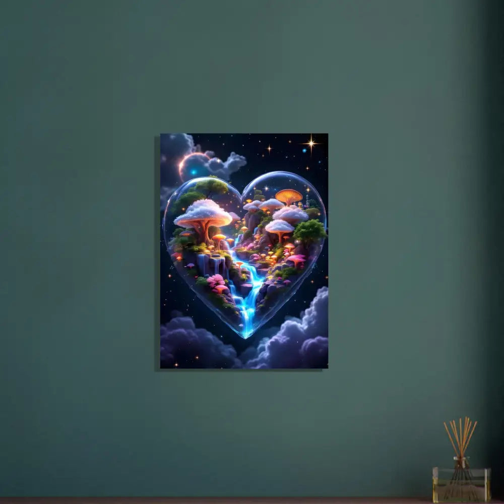 Heart-shaped fantasy mushroom landscape on Aluminum Print Cosmic Heart PixiOnyx Apex Lightcore
