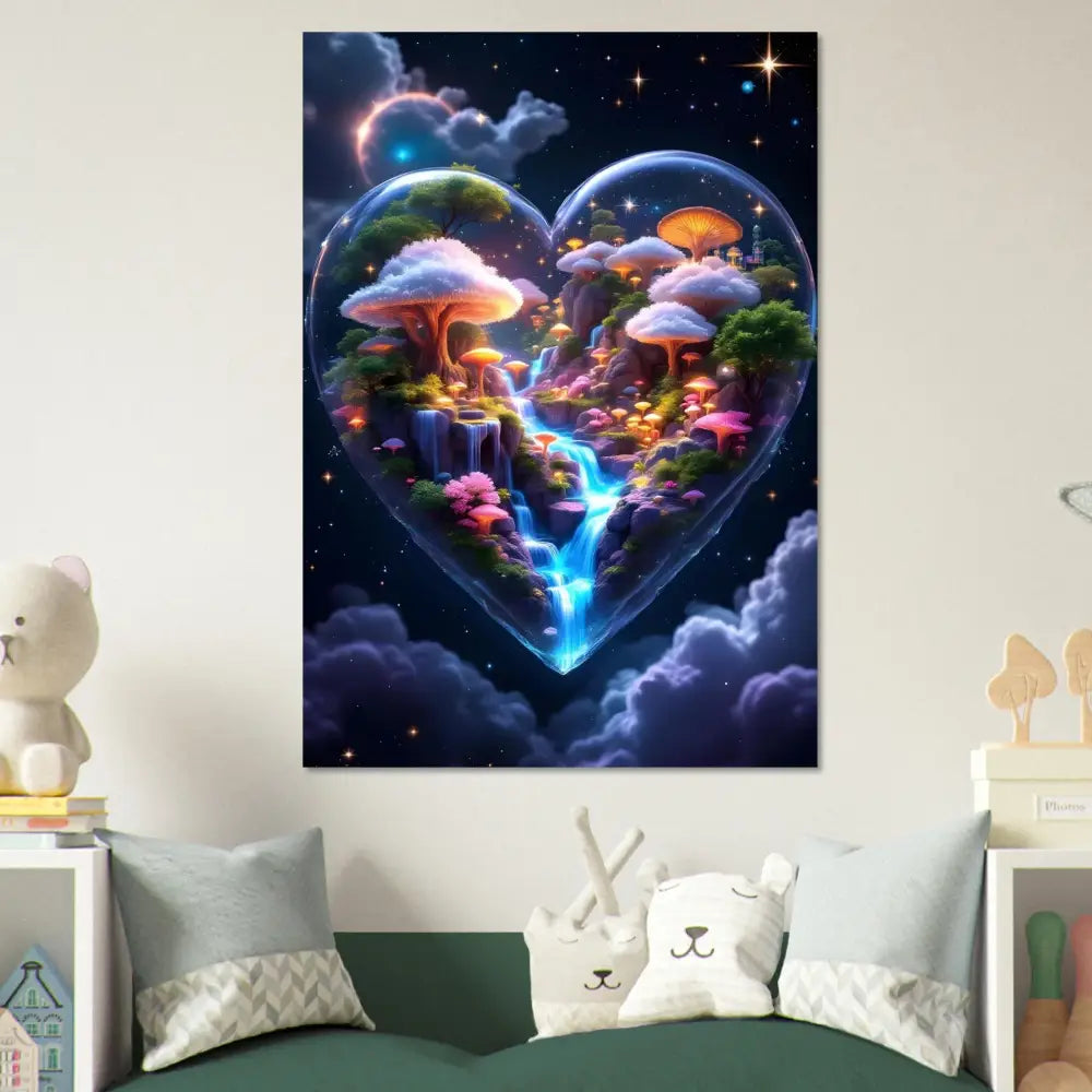 Heart-shaped fantasy landscape aluminum print from PixiOnyx Apex Lightcore Edition