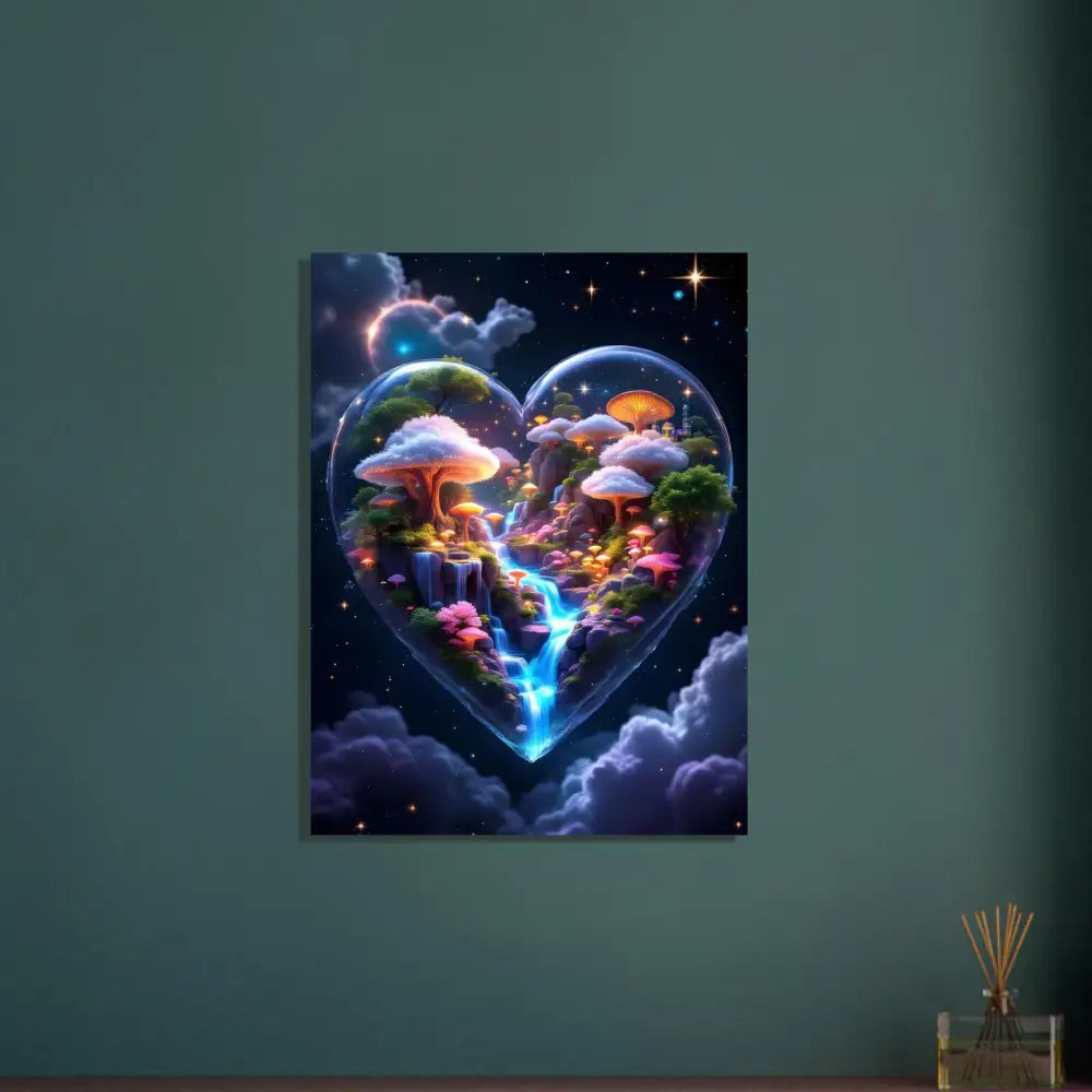 Heart-shaped fantasy mushroom landscape on Aluminum Print Cosmic Heart PixiOnyx Apex Lightcore Edition