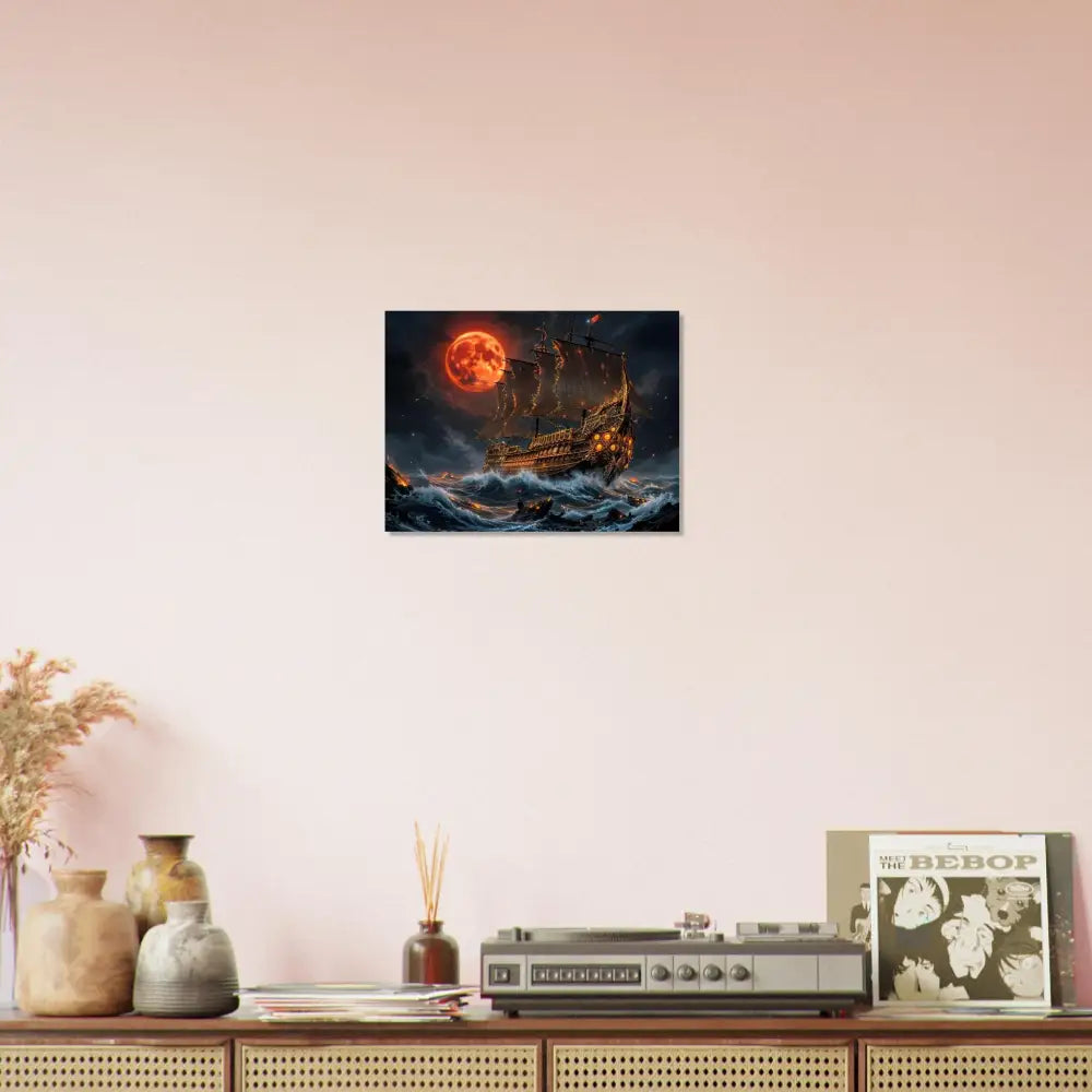 Aluminum Print Crimson Reign depicts blood moon armada on stormy seas with spectral armada glows
