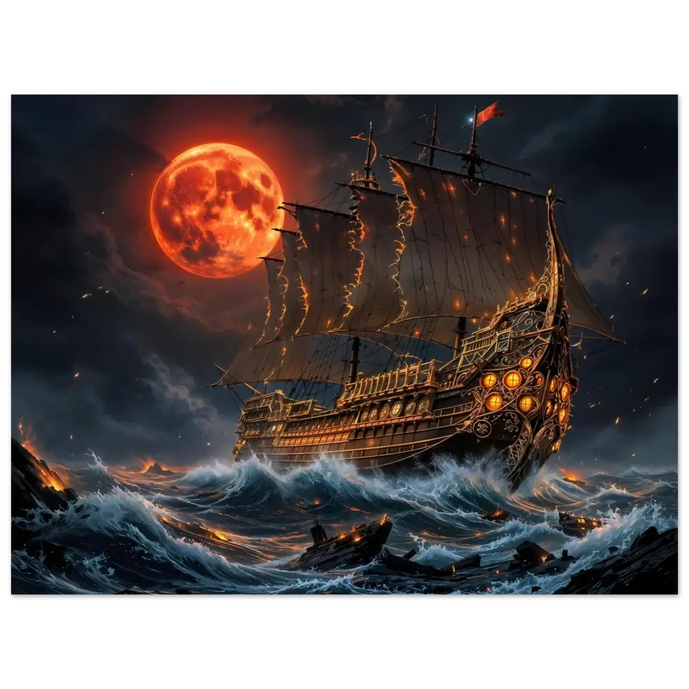 Aluminum Print Crimson Reign: Spectral Armada Glows on pirate ship under blood moon