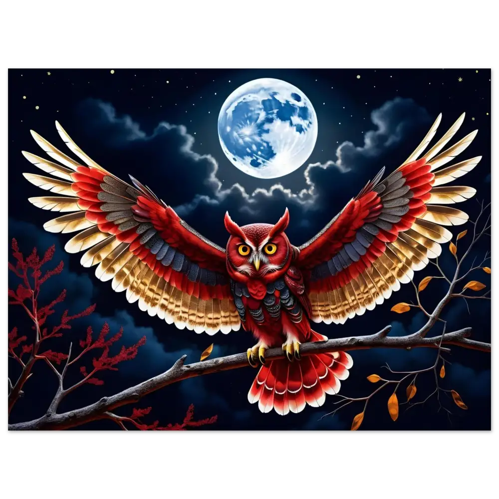 Red owl with outstretched wings displayed on PixiOnyx Celestial Metal Aluminum Print