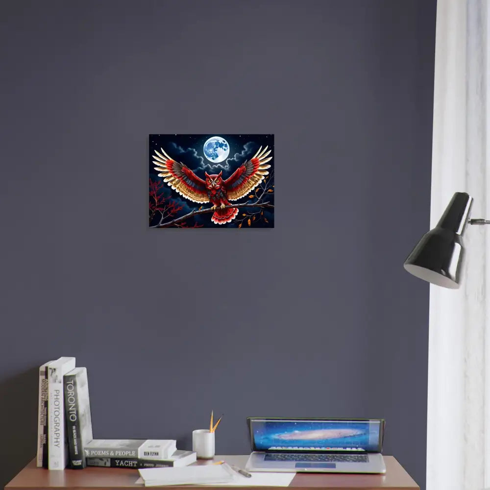 Owl art print displayed on Aluminum Print Crimson Wings Unfurled from PixiOnyx Celestial Metal