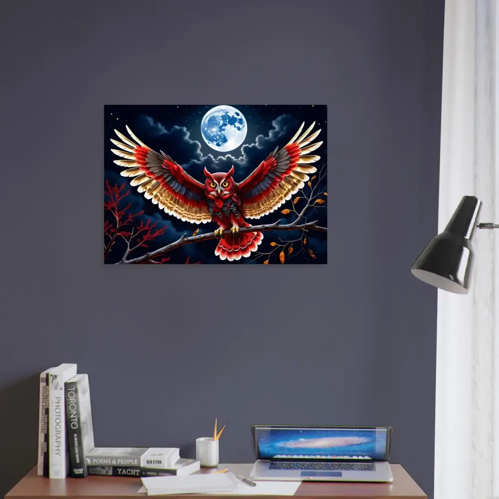 Colorful owl art print on Aluminum Print Crimson Wings Unfurled by PixiOnyx Celestial Metal