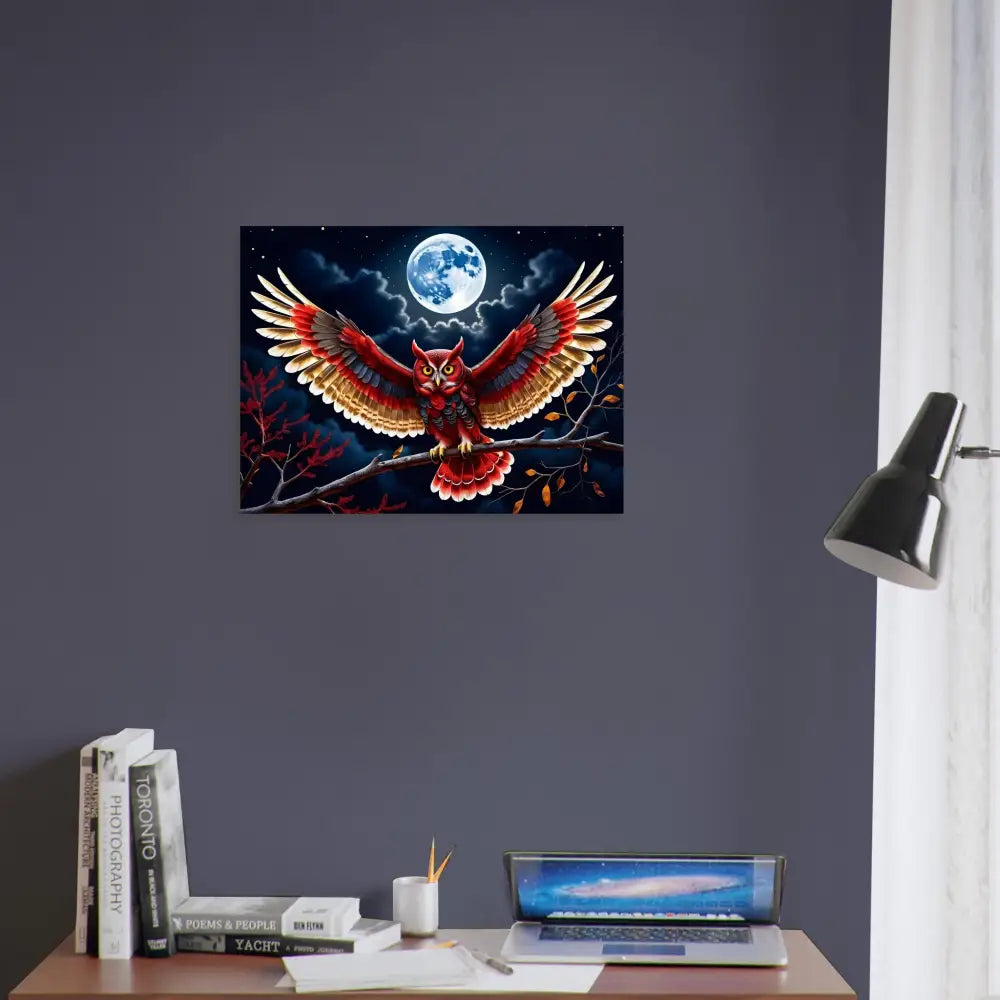 Owl with outstretched wings flying against a moonlit sky on Crimson Wings Unfurled Aluminum Print