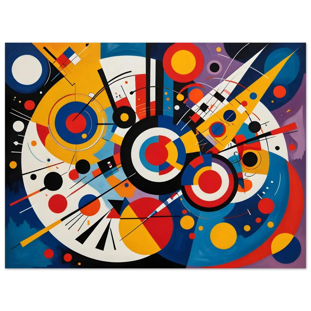 Abstract geometric Aluminum Print titled Dynamic Balance by PixiOnyx displaying colorful shapes