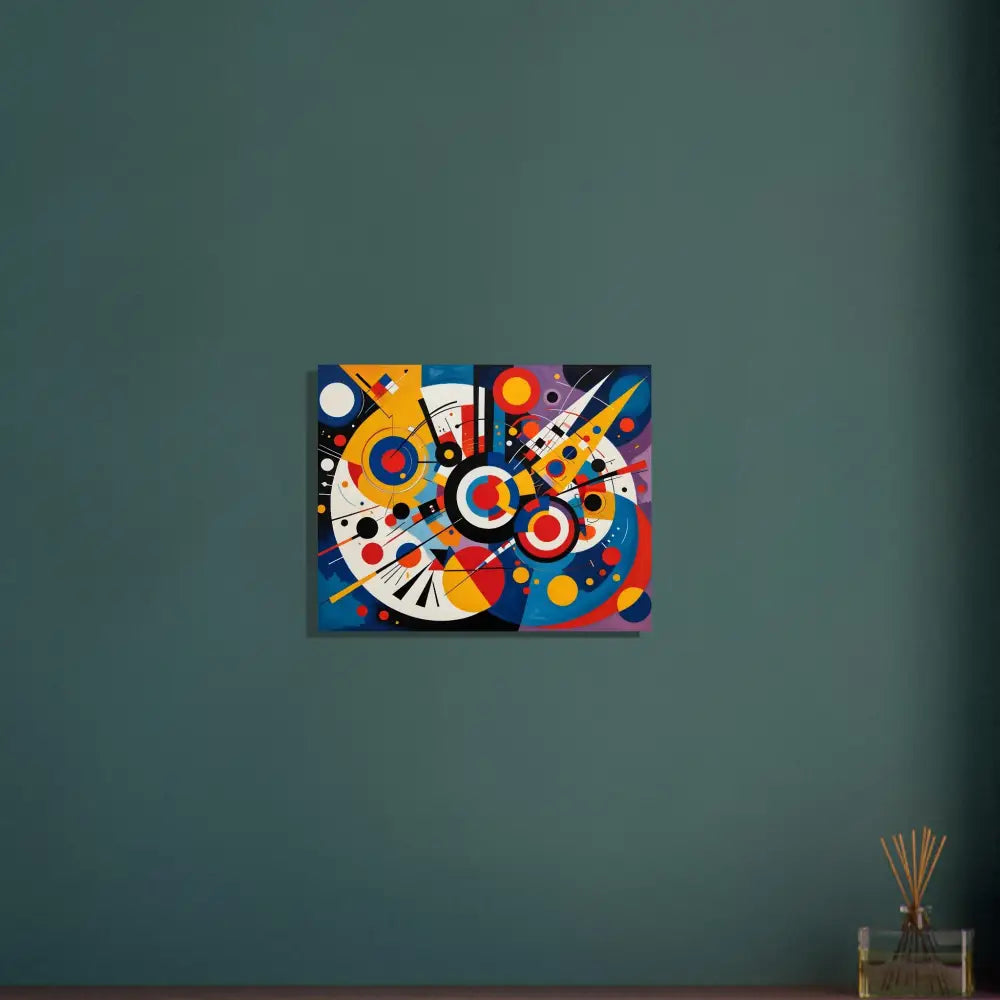 Colorful abstract geometric aluminum print titled Dynamic Balance by PixiOnyx