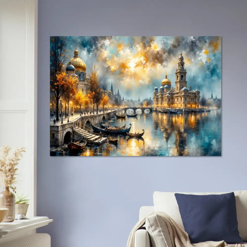 Aluminum print of a radiant riverside fantasy cityscape showcasing PixiOnyx Chromatic Brilliance