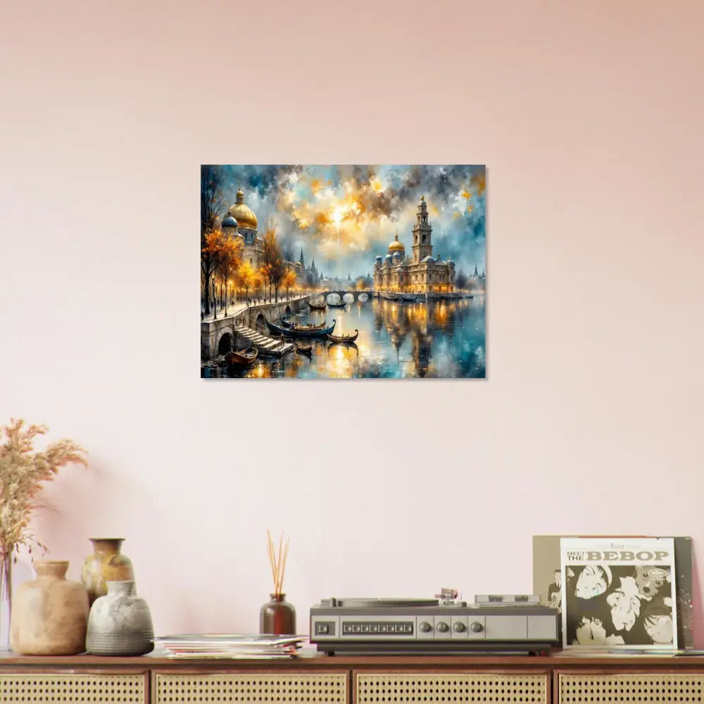 Vibrant watercolor of a European city at dusk with boats on a canal in PixiOnyx Chromatic Brilliance
