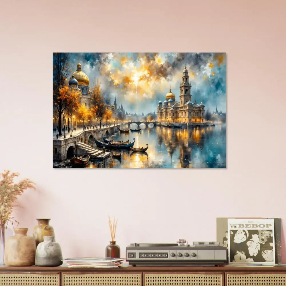 Vibrant impressionistic European canal city sunset aluminum print showcasing PixiOnyx Chromatic Brilliance