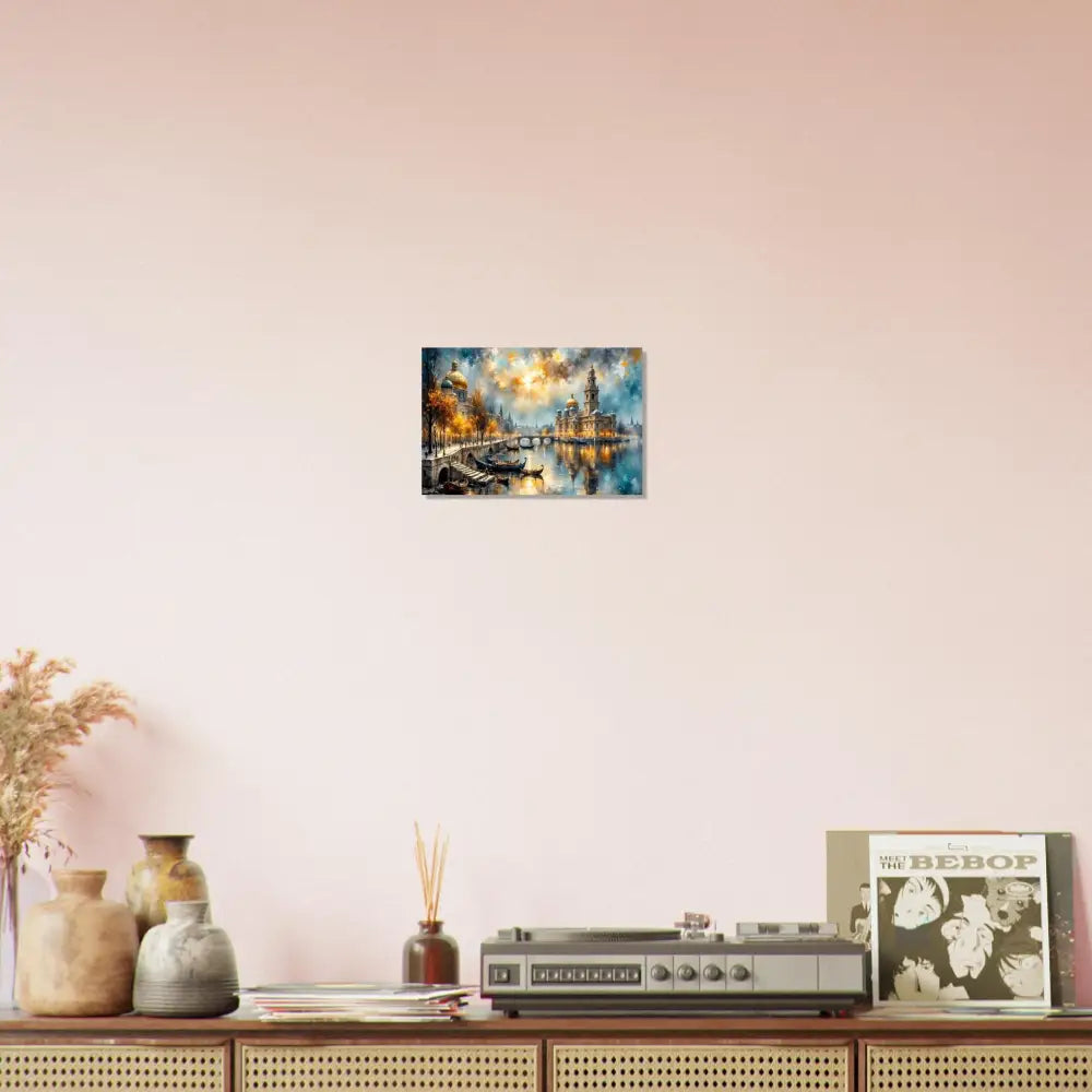Framed canvas print of colorful cityscape at sunset showcasing PixiOnyx Chromatic Brilliance
