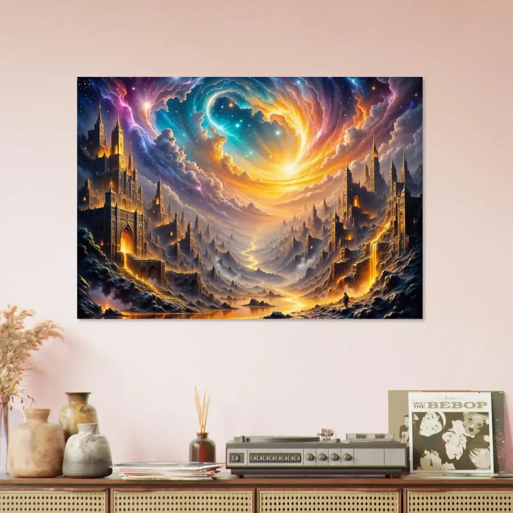 Vibrant fantasy landscape canvas print of Eclipsed Citadel Glow in PixiOnyx Luminous Realm