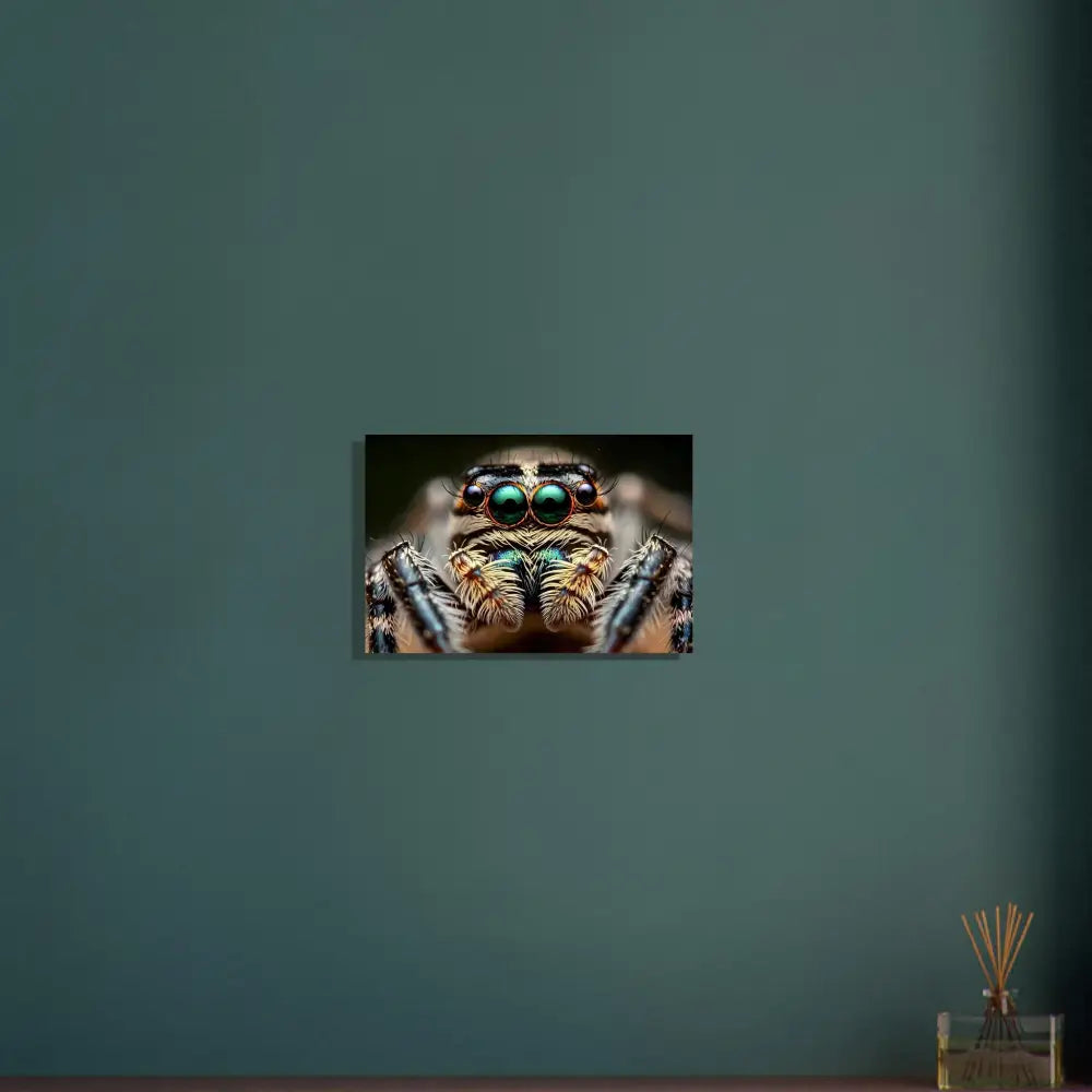 Close-up of a jumping spider featured on Aluminum Print Eight-Eyed Watcher PixiOnyx Nature Obscura