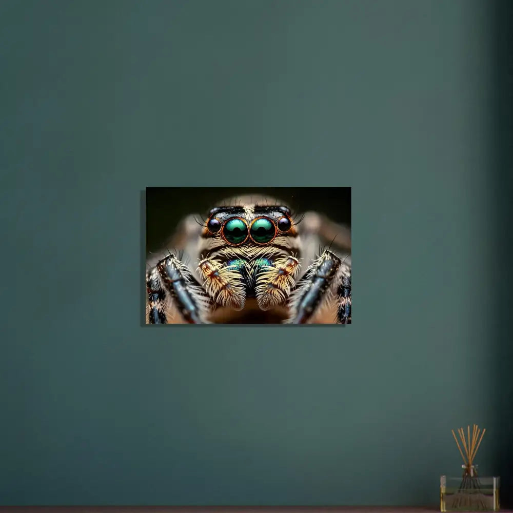 Framed close-up of an eight-eyed spider on Aluminum Print PixiOnyx Nature Obscura