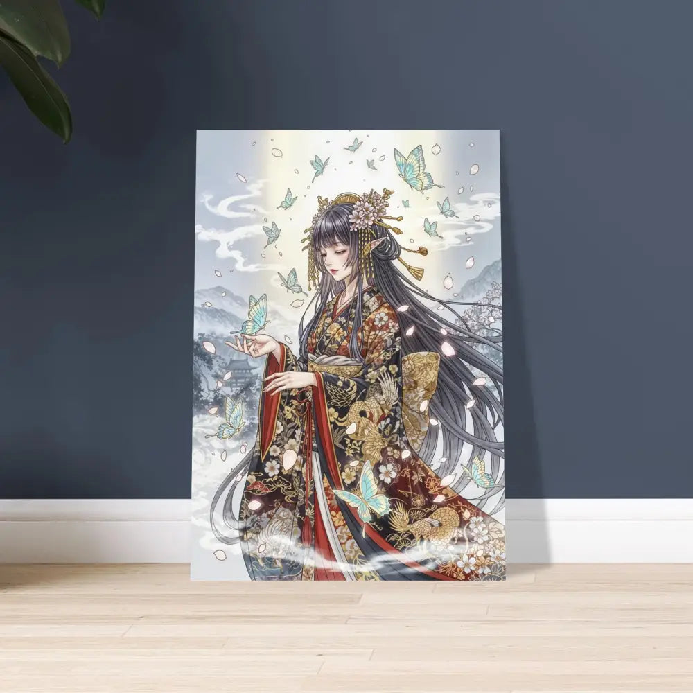 Decorative aluminum print of ethereal kimono maiden with butterflies, vibrant colors