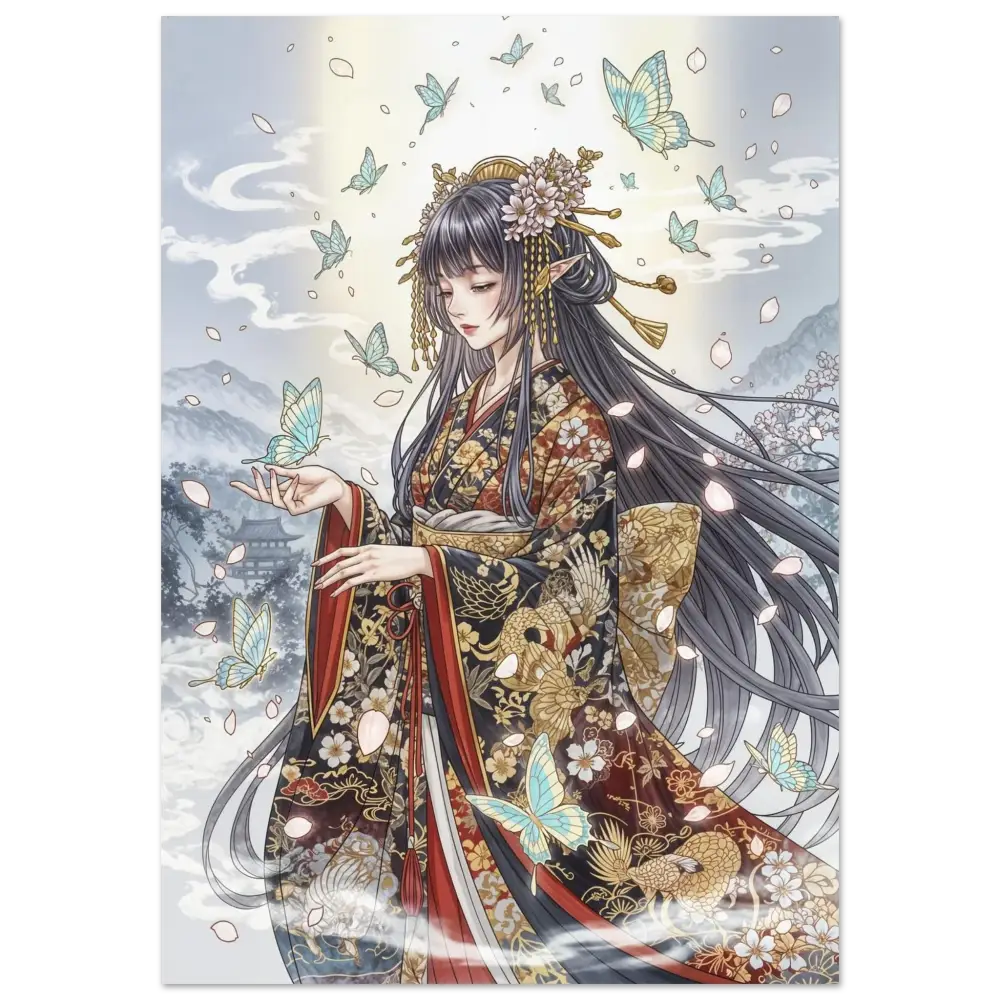 Ethereal Kimono Maiden on durable aluminum panels with vibrant color infusion, holding a butterfly