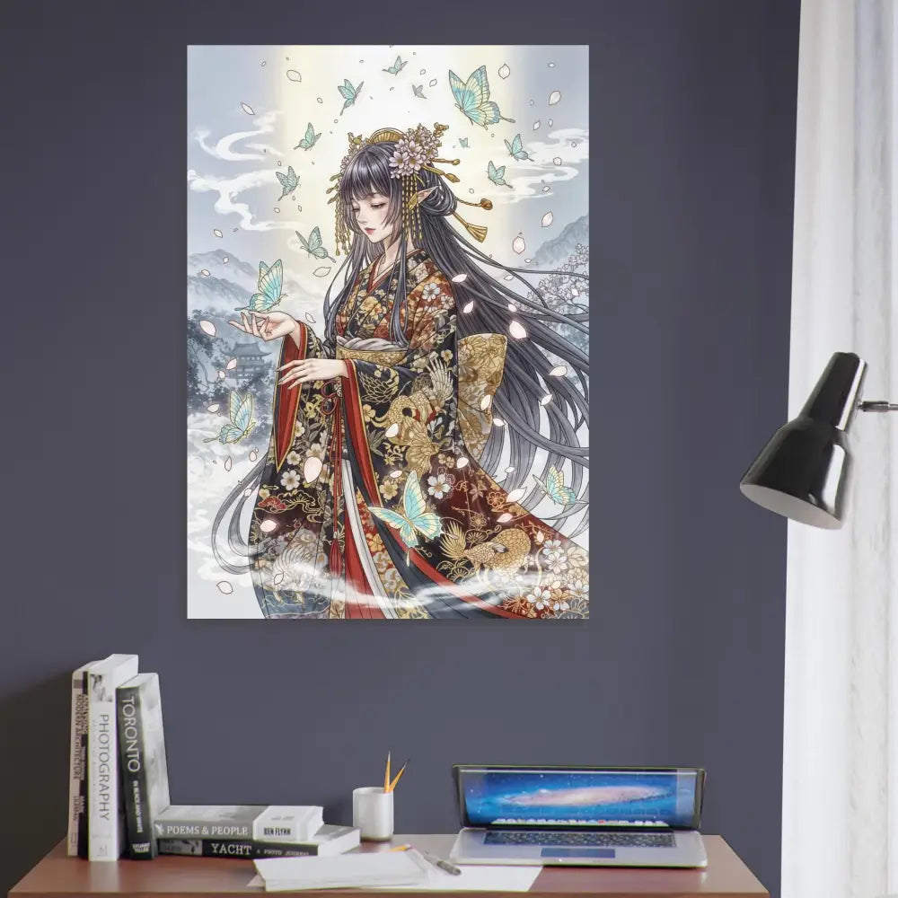 Vibrant anime-style wall art of Ethereal Kimono Maiden on durable aluminum panels with vibrant color infusion