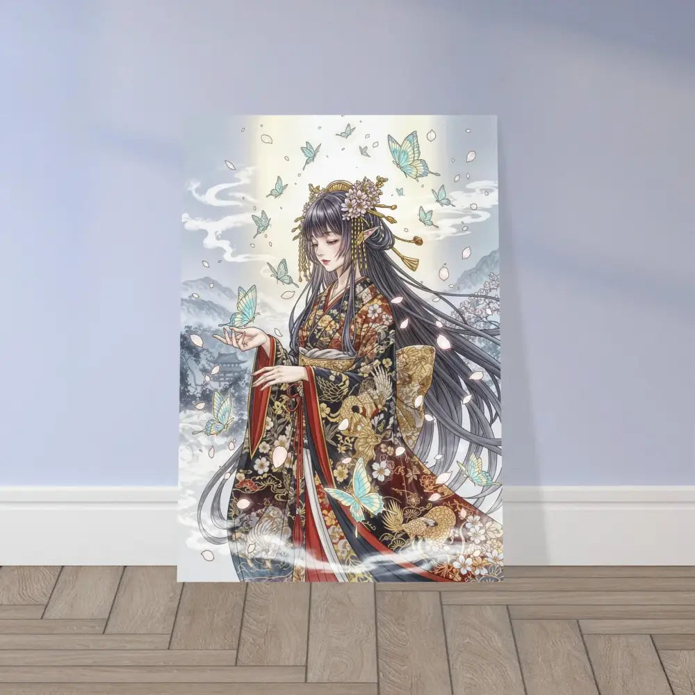 Anime-style canvas print of an ethereal kimono maiden with butterflies on durable aluminum panels