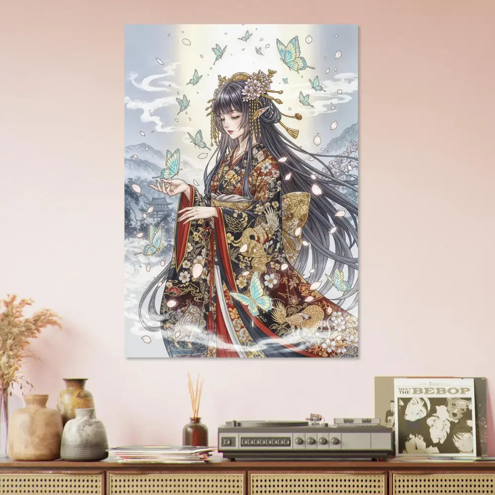 Anime-style tapestry of ethereal kimono maiden on durable aluminum panels with vibrant color infusion