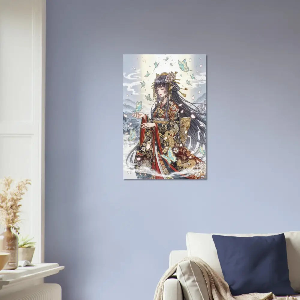 Anime-style illustration of an ethereal kimono maiden on durable aluminum panels with vibrant color infusion