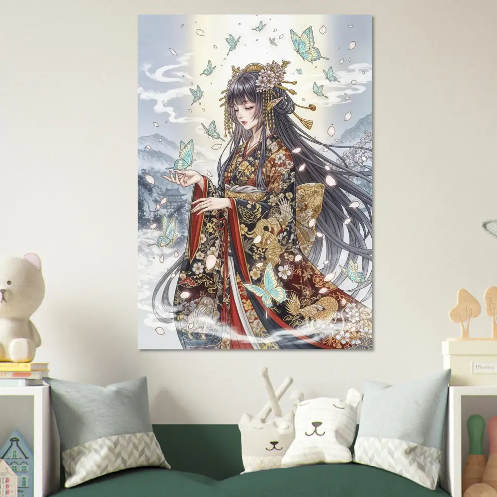 Ethereal Kimono Maiden wall art on durable aluminum panels with vibrant color infusion