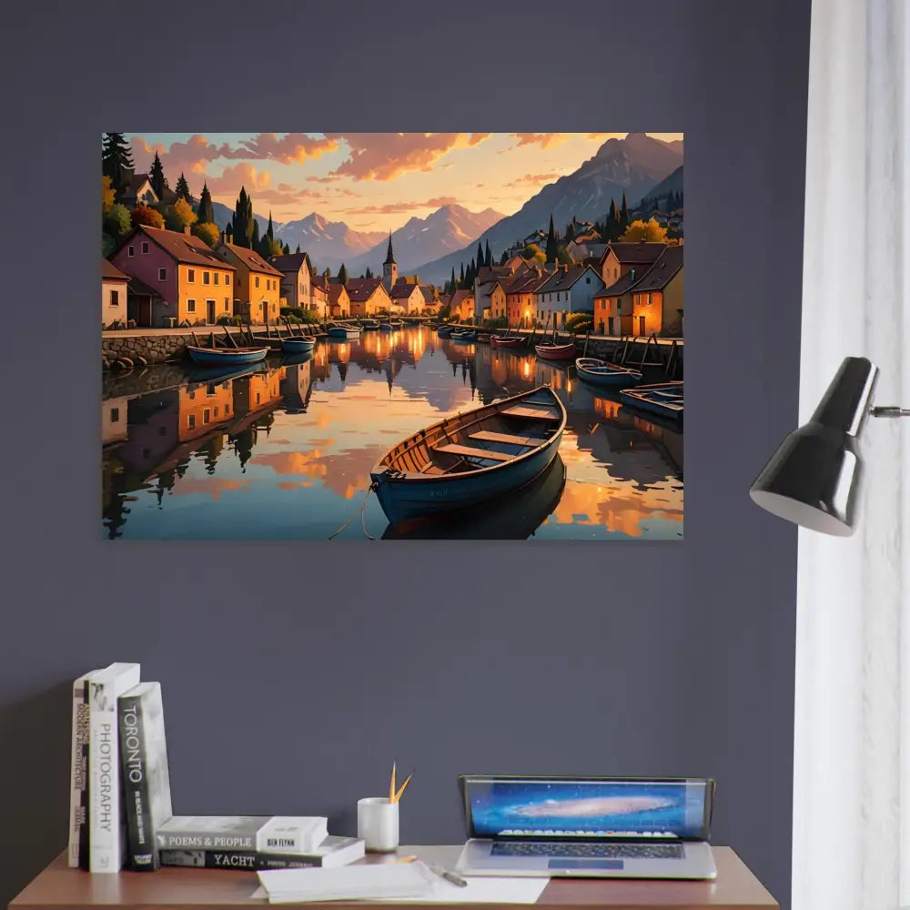 Aluminum print of a picturesque lakeside village at sunset titled Evening Glow on the Water
