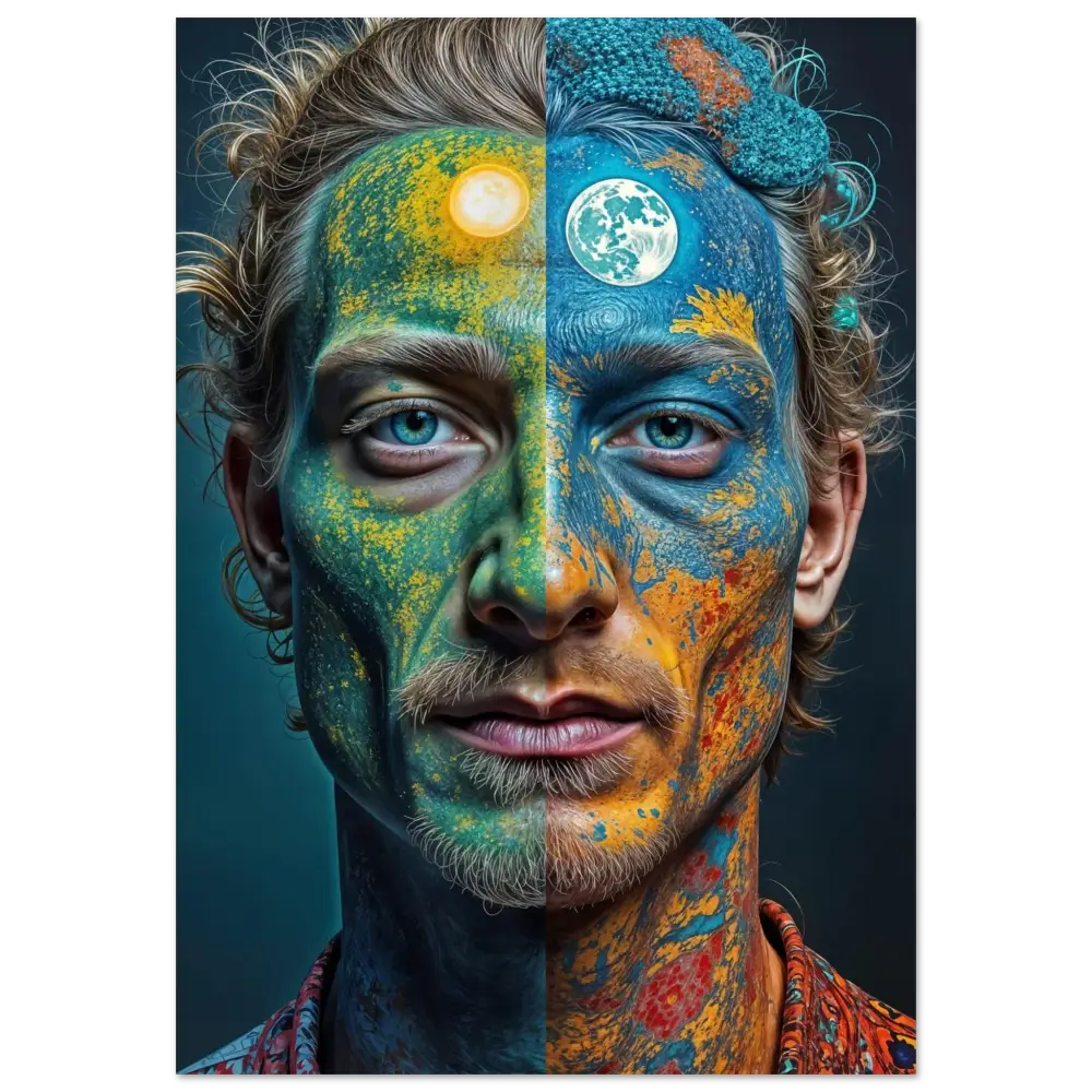 Day and night face art on high-definition psychedelic aluminum print