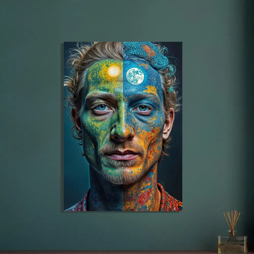 Day and night face art on high-definition psychedelic metal print