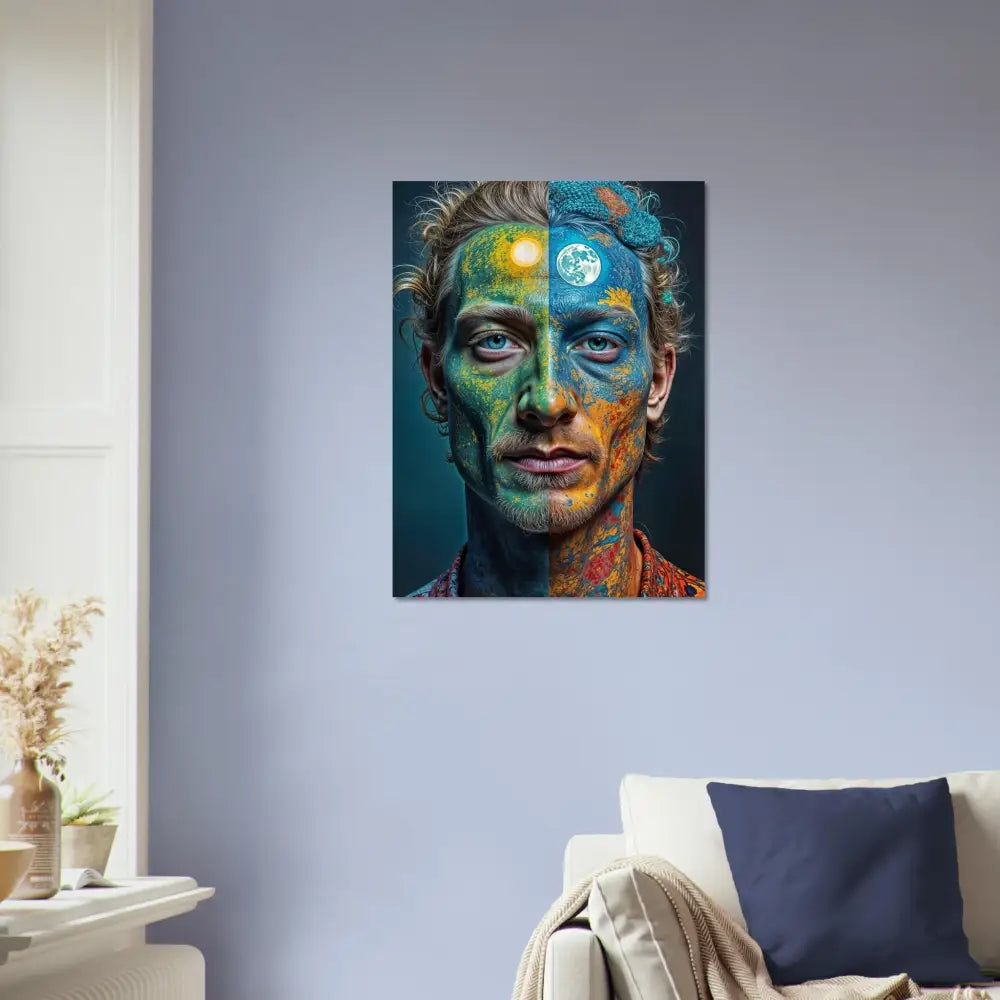 Colorful portrait art displayed on high-definition aluminum print for psychedelic metal wall decor