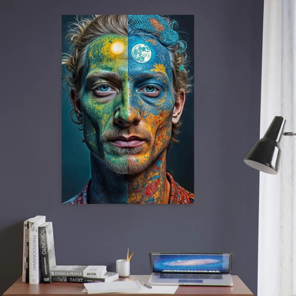 High-definition psychedelic face art showcasing day and night themes on aluminum print