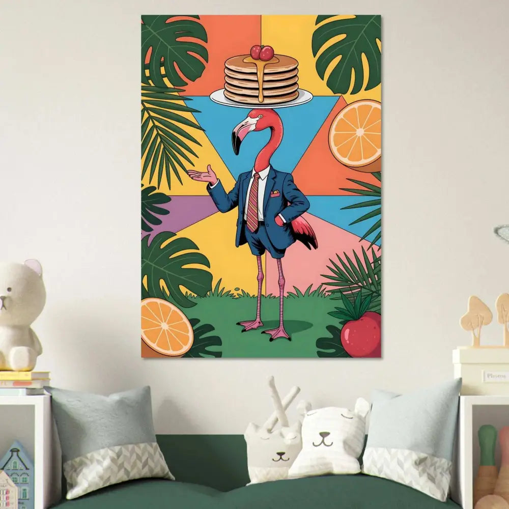Vibrant aluminum print of a whimsical flamingo waiter with pancakes in sleek modern shine