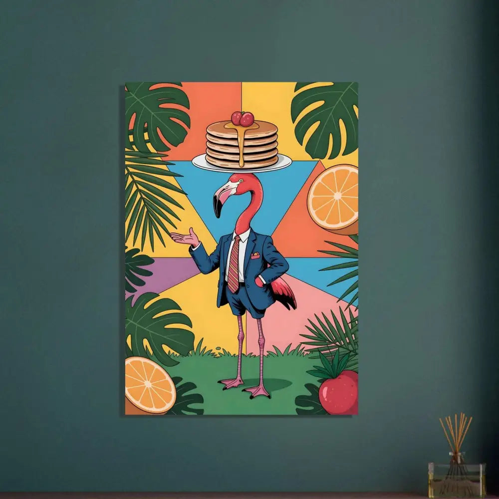 Aluminum print of a vibrant pop art flamingo waiter with pancakes, tropical leaves, sleek modern shine