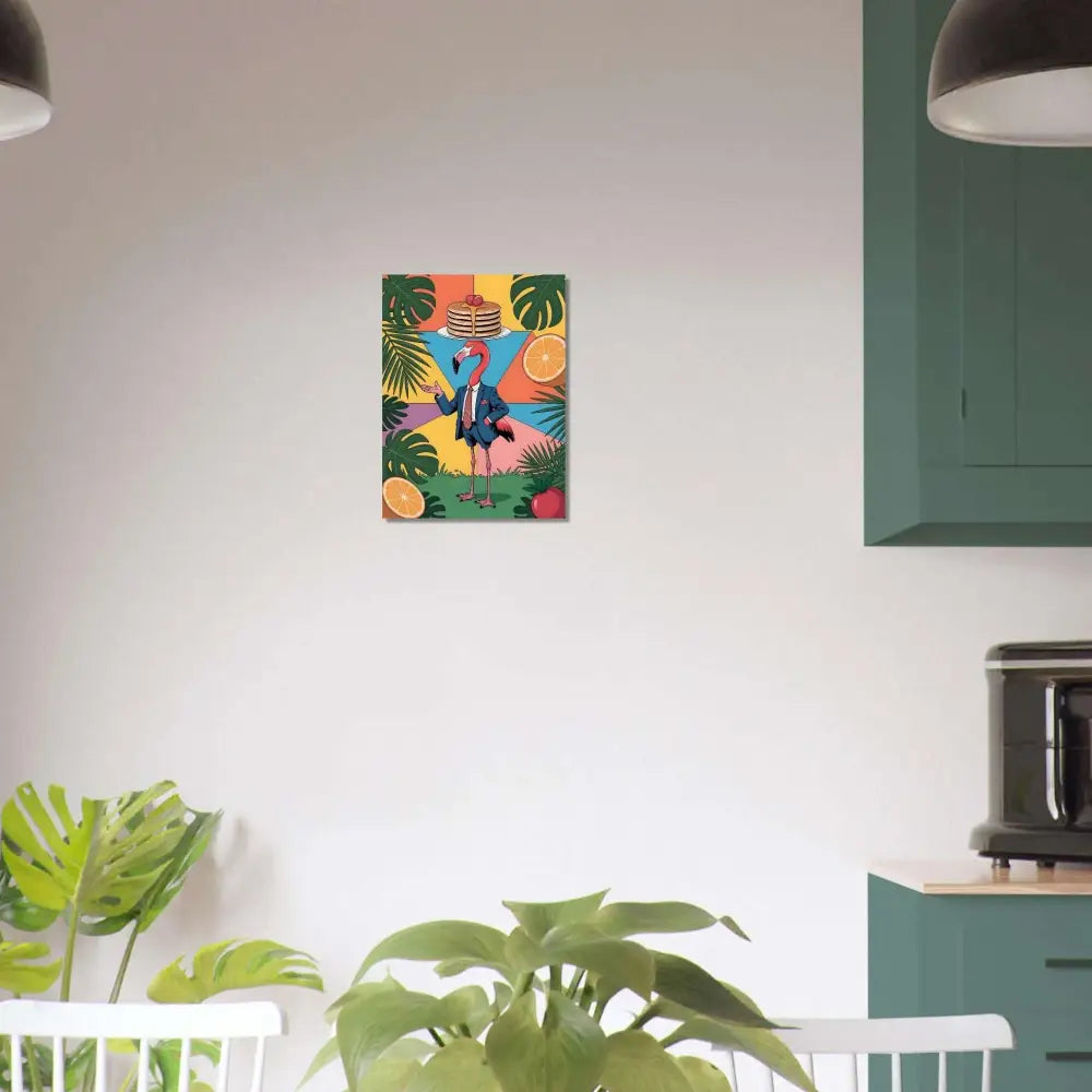 Aluminum print of a colorful flamingo waiter with pancakes, tropical leaves, and citrus
