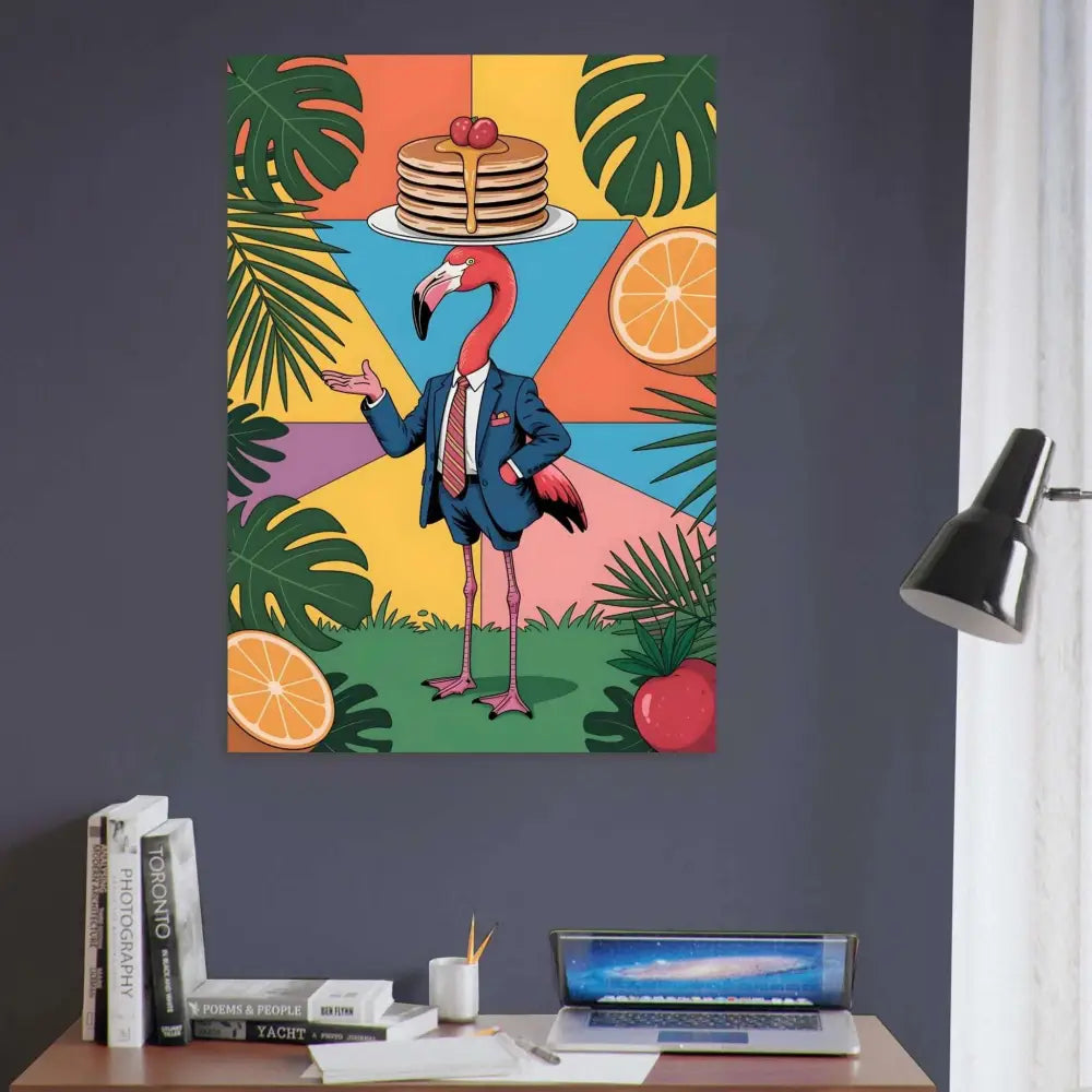 Colorful aluminum print of flamingo waiter in suit balancing pancakes, sleek modern shine