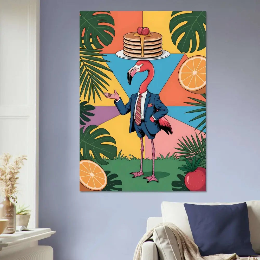 Aluminum print of a flamingo waiter with modern shine, scratch-resistant finish