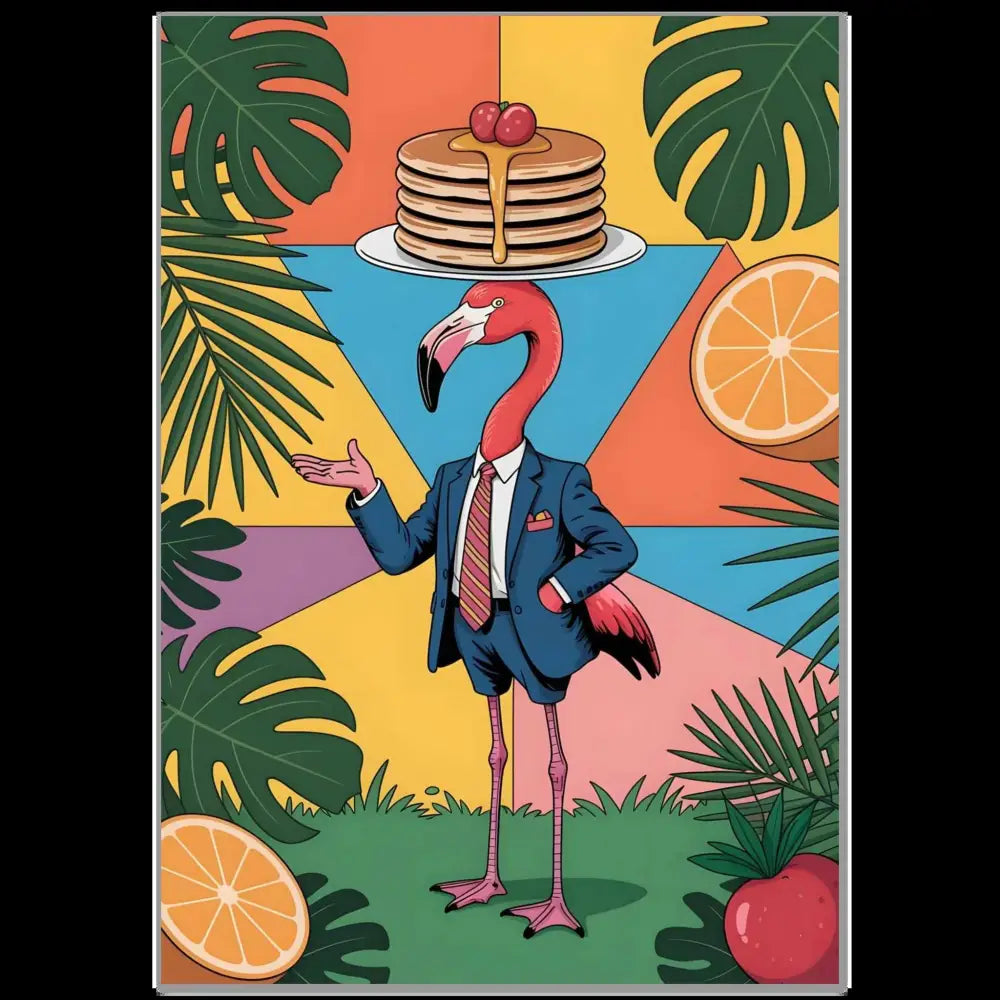Aluminum print of a pink flamingo in a blue suit with pancakes, sleek modern shine
