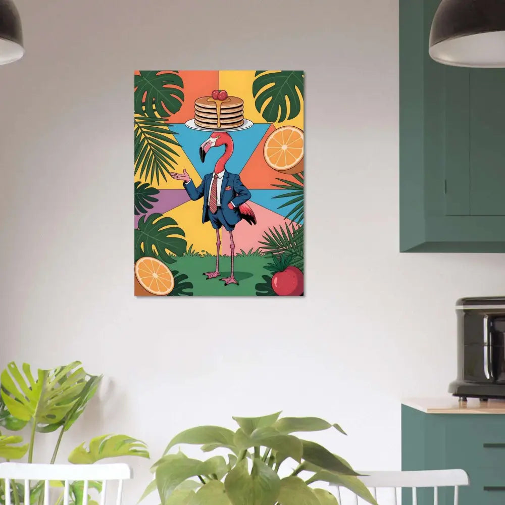 Aluminum print of whimsical flamingo waiter with modern shine, scratch-resistant finish