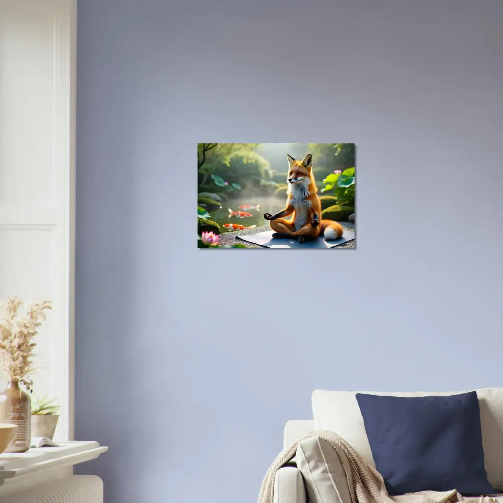 Framed fox meditating art print from PixiOnyx Mirror Calm Series Aluminum Print Foxasana