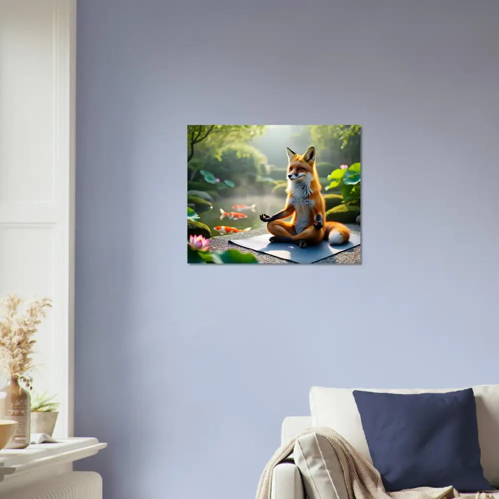 Framed fox meditating print on aluminum, part of PixiOnyx Mirror Calm Series
